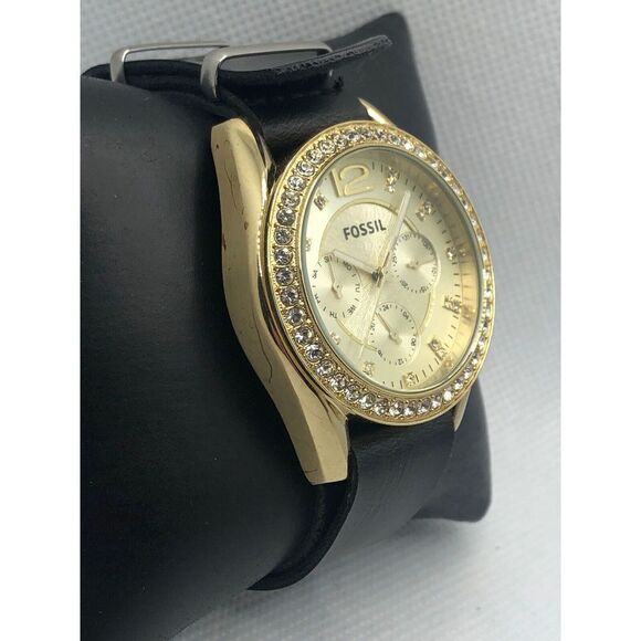 Fossil ES3343 Women's Black Leather Analog Champagne Dial Quartz Watch LP223 - Picture 3 of 9